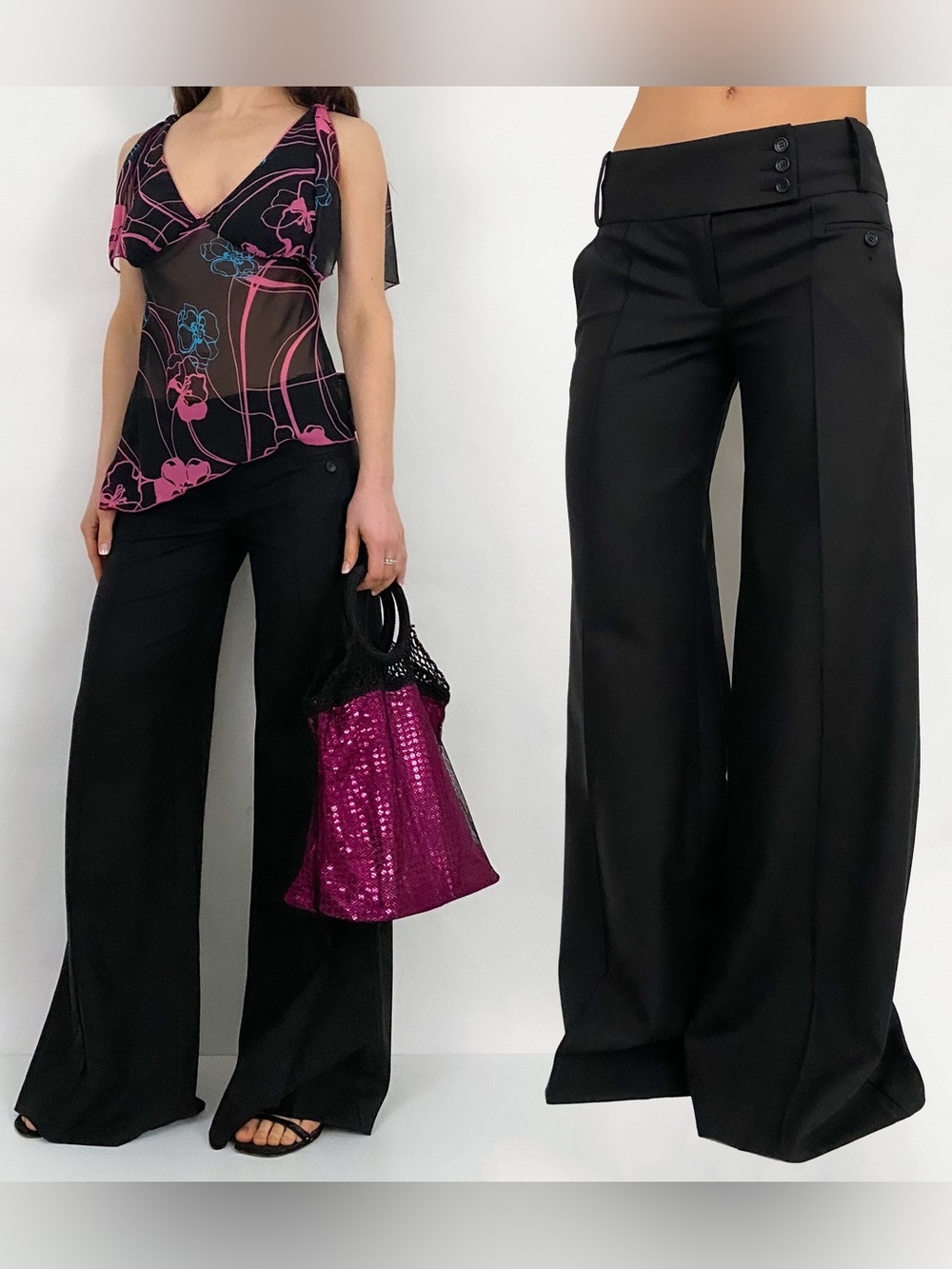 BCBGMaxAzria Black Wool Blend Wide Leg Front Seam Trouser Pants Sz 4